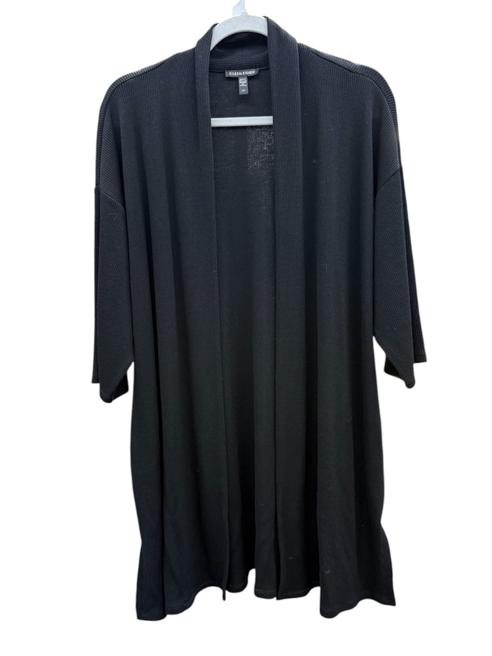 EILEEN FISHER Black Open Front Long Cardigan Tencel Blend Size Larg
